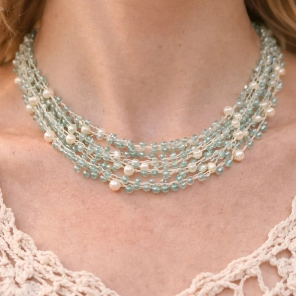 Vintage‎ Aqua Glass & Pearl Multi-Strand Necklace Boho Beachy Layered